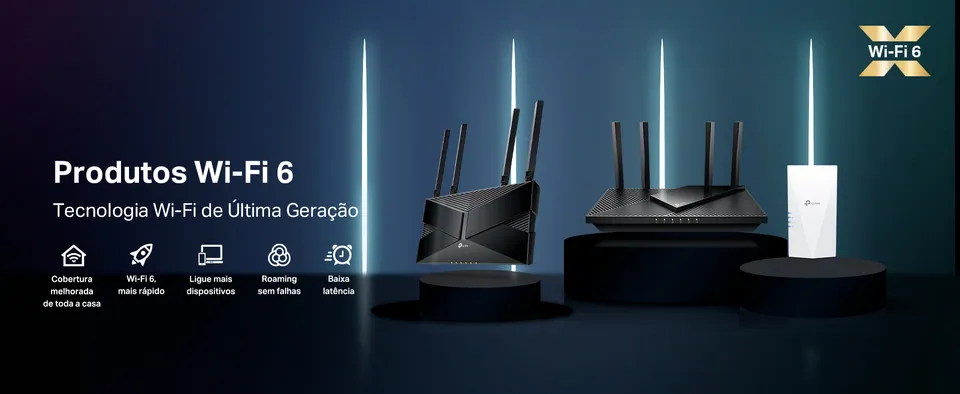 Banner «Produtos Wi-Fi 6, tecnologia Wi-Fi de última geração» com routers e extensor TP-Link