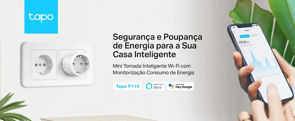 Banner Tapo «Segurança e Poupança de Energia para a Sua Casa Inteligente» com a mini tomada inteligente Tapo P115