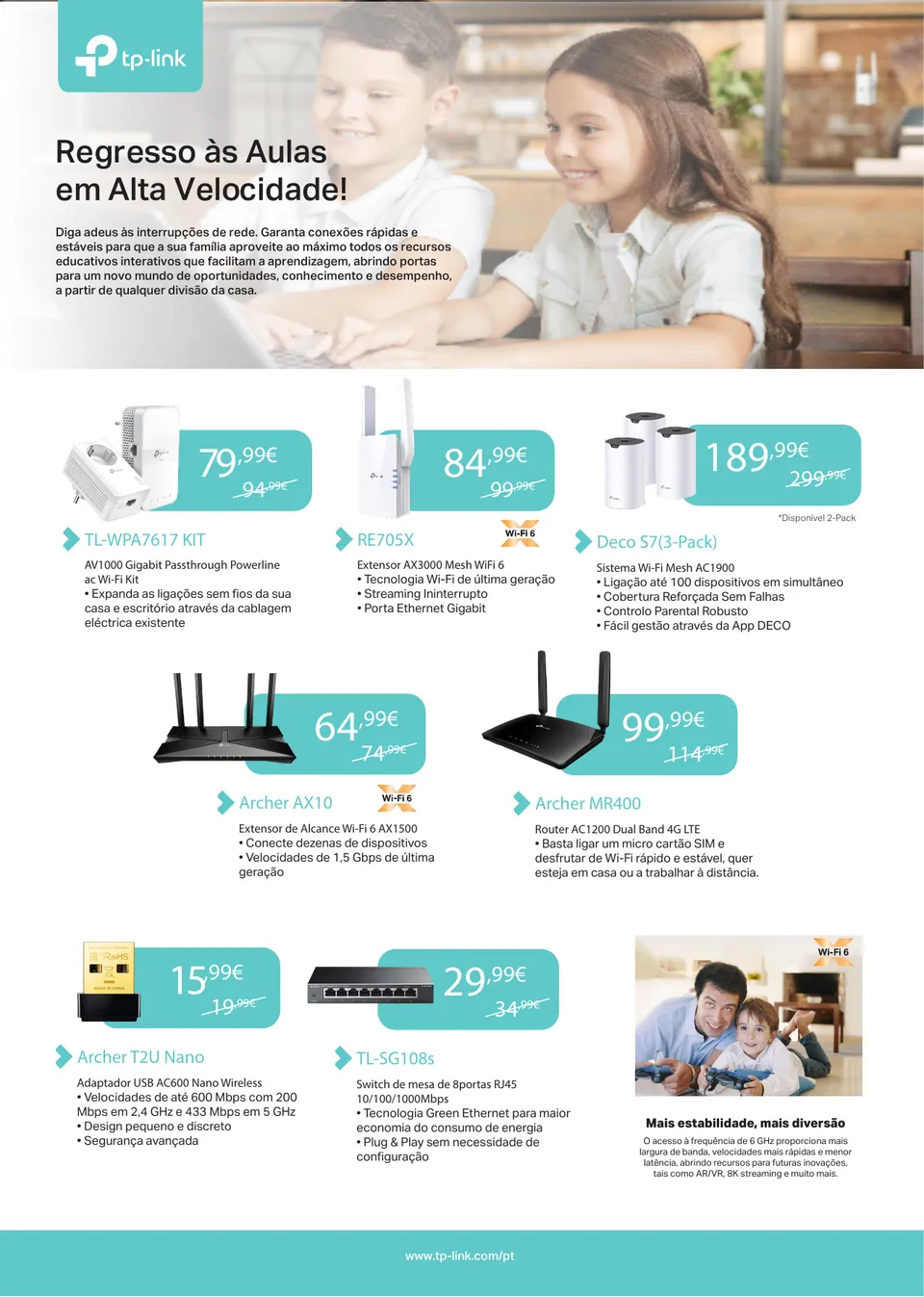 Peça de email «Regresso às Aulas em Alta Velocidade!» com routers, extensores e adaptadores Wi-Fi da TP-Link