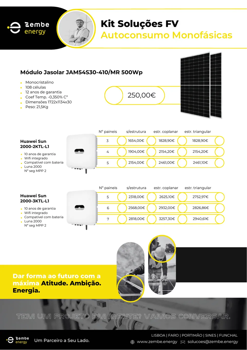 Folheto «Kit Soluções FV Autoconsumo Monofásicas» da Zembe Energy, página 1