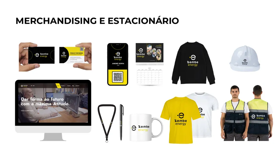 Brand kit da Zembe Energy — merchandising e estacionário